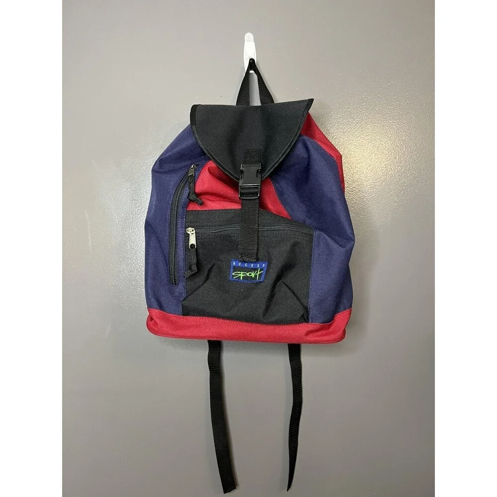 Vintage Access Sport Backpack Red Blue Black Drawstring Classic Daypack 90s Bag